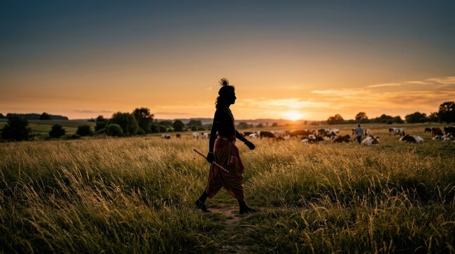 Lord Krishna silhouette walking through a meadow at sunset with cattle