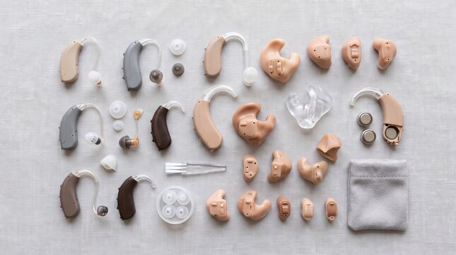 Flat lay collection of various digital hearing aids, earmolds, batteries, cleaning tools, and accessories on a light gray background