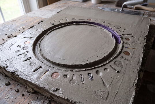 Roundel Sculpture with Textured Concrete Relief and Copy Space