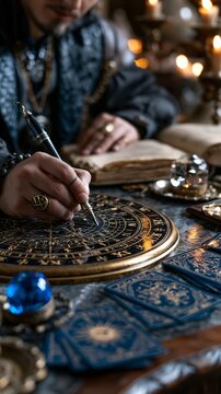 A person in medieval clothing writes on a golden astrolabe with a qu pen, surrounded by tarot cards and crystals against a warm.