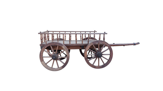Vintage old wooden horse cart wagon isolated on white background