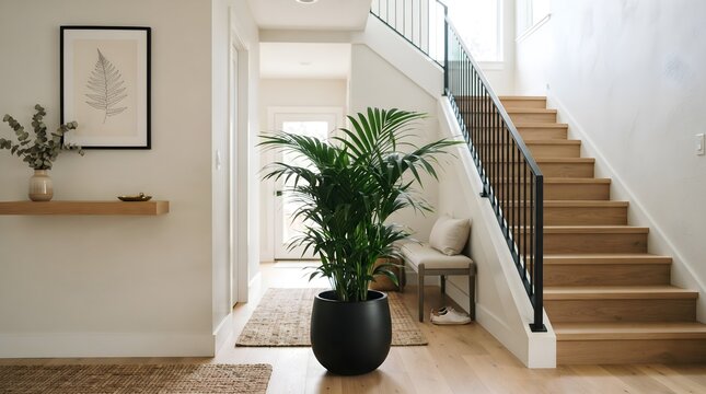 Modern home entryway featuring a large potted palm plant and wooden staircase with black metal railings