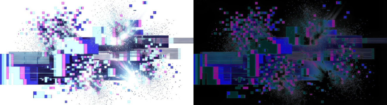 Digital glitch effect with pixelated shards and abstract data particles, futuristic 3D render with neon purple and blue glowing elements on white background for technology posters, web design, and UI