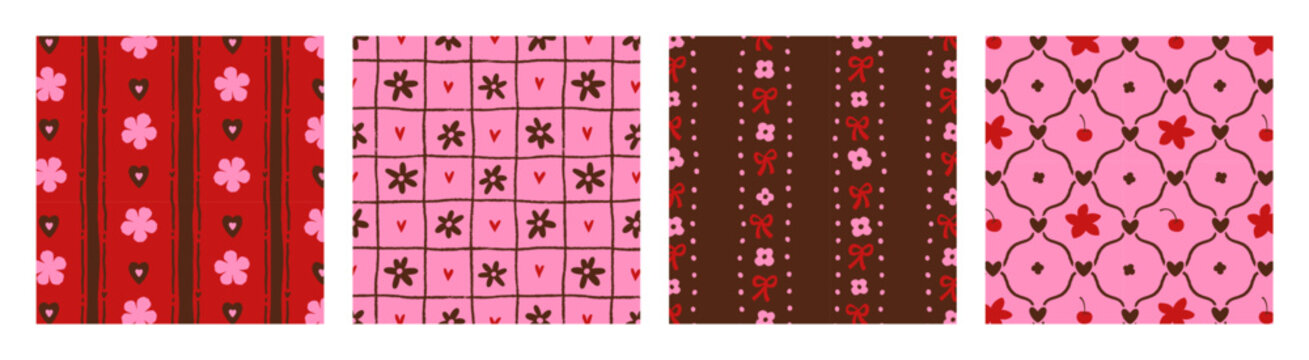 Cute floral patterns, seamless girly prints. Seamless floral backgrounds, simple pink and red prints with coquette bow, flower. Daisies and ribbon bows, feminine textures for wallpaper, vector designs