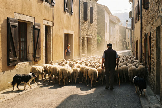 Sheep Flock in a Narrow Village Street with Shepherd and Dogs