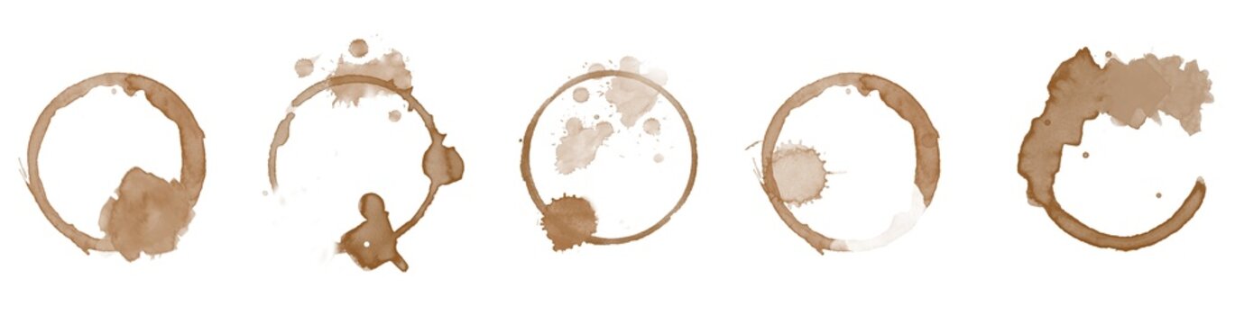 Set of coffee mug ring stain with cup bottom marks, spilled liquid circles textures isolated on transparent png cut-out background.