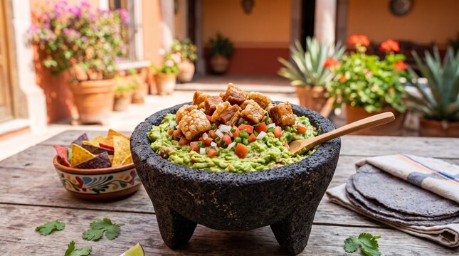 A rich molcajete filled with chunky guacamole topped with crispy pork chicharron chunks, Creamy avocado dip garnished with pico de gallo and crunchy chicharron pieces ready for dipping. 