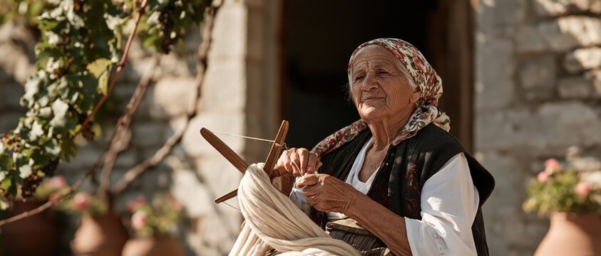 Timeless craft and cultural heritage an elderly woman in traditional dress handspins wool with a wooden spindle outside a stone village home, evoking authenticity and slow living.