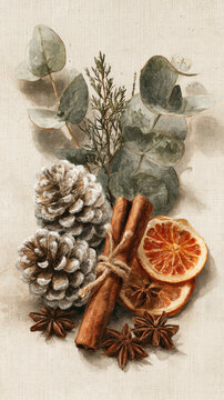 Calm watercolor Christmas still life of frosted pine cones, eucalyptus sprigs, cinnamon sticks and dried orange slices on pale linen in muted sage and warm brown, a natural neutral holiday palette

