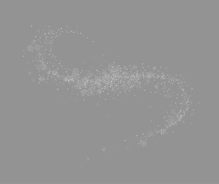 Swirling winter snowflakes and glowing particles trail on gray background. Dynamic snow flurry overlay for Christmas design