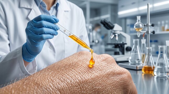 Cosmetic scientist applying SPF serum drop in laboratory dermo skincare research
