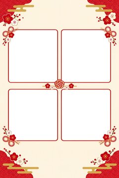 New Year Photo Card Template with 2x2 Empty Photo Frames and Mizuhiki Plum Decorations