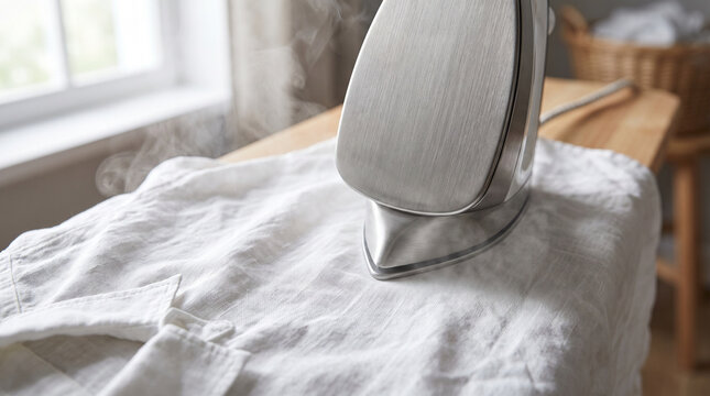 Ironing freshly washed shirt in a cozy home setting with steam  