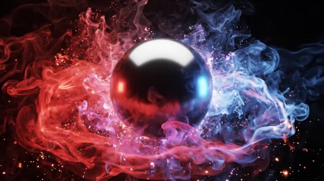 Abstract metallic ball with smoke and fire effects background