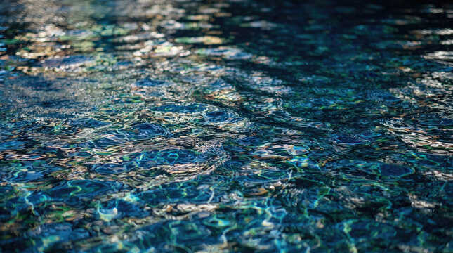 Abstract water ripples with sunlight reflections on a dark blue pool surface