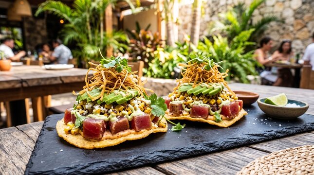 A rich pair of crispy corn tostadas topped with seared ahi tuna cubes on a dark slate board, Fresh red tuna tossed in chipotle mayo, topped with charred street corn esquites, avocado, and crispy leeks