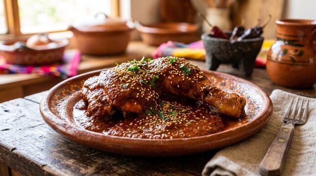 A rich chicken leg quarter smothered in thick Pipian Rojo sauce on a red clay dish, Glossy red pumpkin seed and chili sauce sprinkled with toasted sesame seeds and fresh parsley
