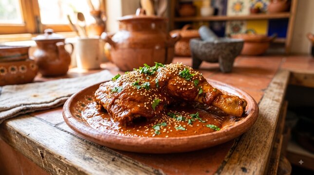 A rich chicken leg quarter smothered in thick Pipian Rojo sauce on a red clay dish, Glossy red pumpkin seed and chili sauce sprinkled with toasted sesame seeds and fresh parsley