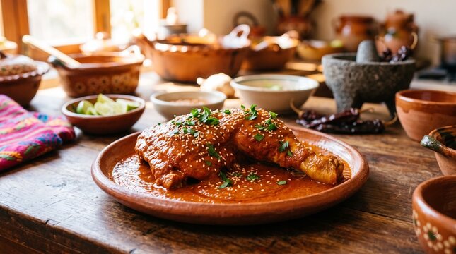 A rich chicken leg quarter smothered in thick Pipian Rojo sauce on a red clay dish, Glossy red pumpkin seed and chili sauce sprinkled with toasted sesame seeds and fresh parsley