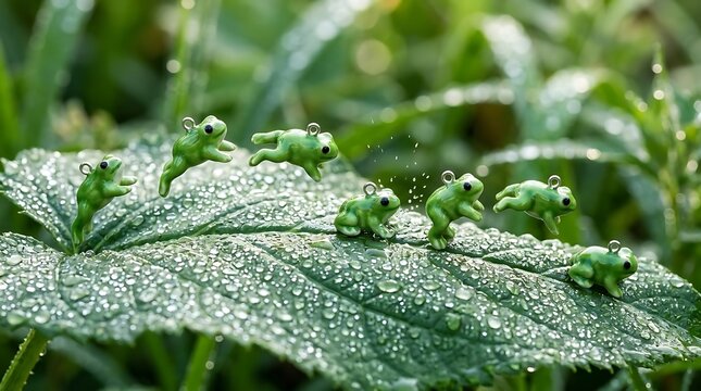 Tiny bright green frog figurines scattered on a dewy leaf, capturing whimsical miniature wildlife moments