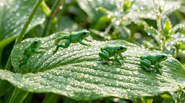 Two Vibrant Green Tree Frogs on a Dew-Covered Leaf in a Lush Natural Setting