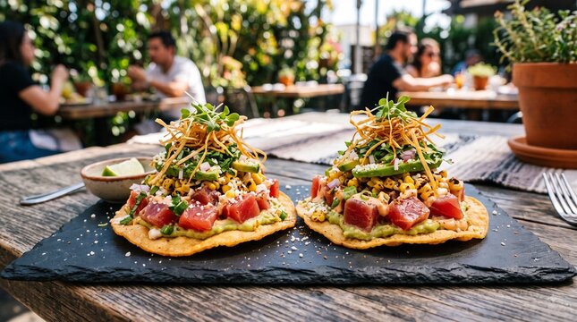 A rich pair of crispy corn tostadas topped with seared ahi tuna cubes on a dark slate board, Fresh red tuna tossed in chipotle mayo, topped with charred street corn esquites, avocado, and crispy leeks