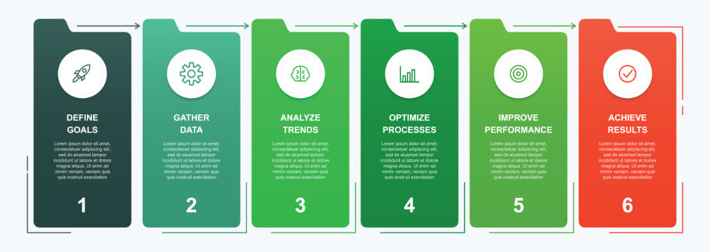 Six step continuous process folder tab infographic template sequential business workflow timeline presentation diagram layout corporate report vector design