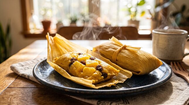A rich pair of golden corn husk tamales filled with sweet pineapple on a ceramic plate, Warm steamed masa studded with pineapple chunks and raisins, with gentle steam rising from the open husk. 