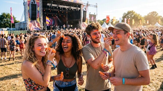 Group of friends applying orange neon zinc sunscreen at outdoor music festival