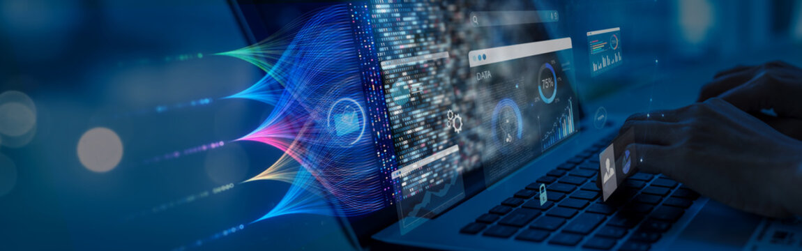 woman analyst uses a computer AI artificial intelligence and dashboard for data business analysis and Data Management System with KPI and metrics connected to the database for technology finance,