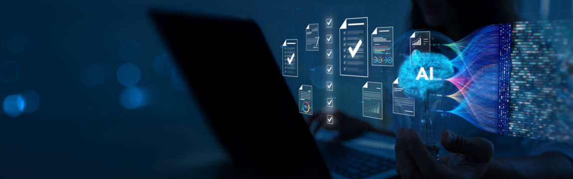 Ai Futuristic Document management concept, check electronic documents on digital documents on virtual screen Document Management System and process automation to efficiently document paperless operate