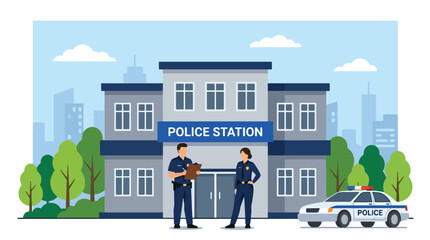 Flat style vector illustration of two police officers discussing work outside a police station with a patrol car, perfect for law enforcement, security, and public safety © Lamin