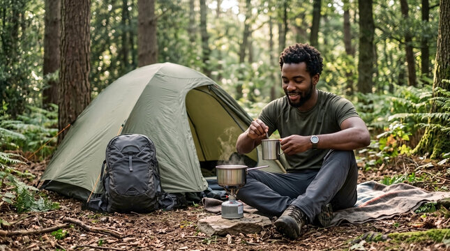 Black male traveler on camping trip, small tent in woodland. Man cooking meal on portable stove during solo camping trip. Outdoor lifestyle, tranquil camping trip concept for nature escape.
