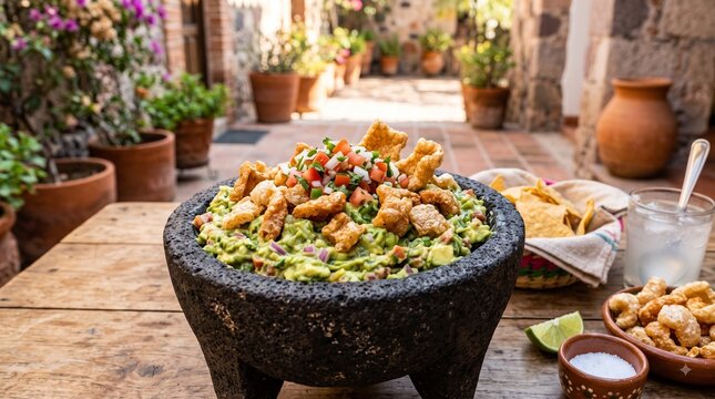 A rich molcajete filled with chunky guacamole topped with crispy pork chicharron chunks, Creamy avocado dip garnished with pico de gallo and crunchy chicharron pieces ready for dipping. 