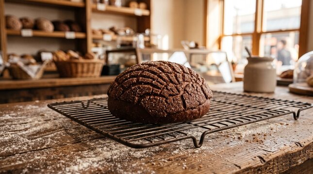 A rich dark chocolate concha sweet bread resting on a vintage wire rack on a flour-dusted wood surface, Intricate dark cocoa sugar seashell pattern glistening under soft warm sunlight. 