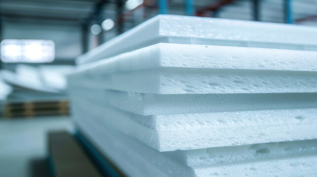 Stacked foam plastic sheets ready for installation in a warehouse setting, showcasing white insulation material ready for construction projects, interior design use, and industrial application purpose