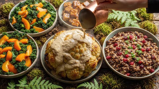 Whole Roasted Cauliflower with Side Dishes and Gravy Pour