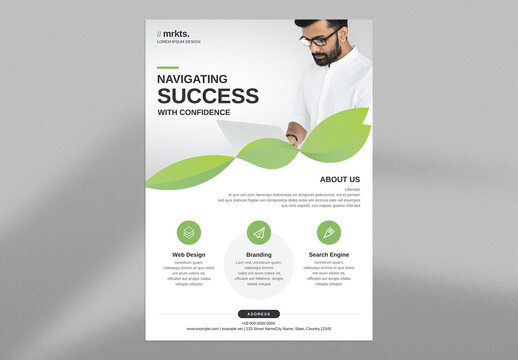 Green Corporate Flyer Layout with Clean Geometric Shapes