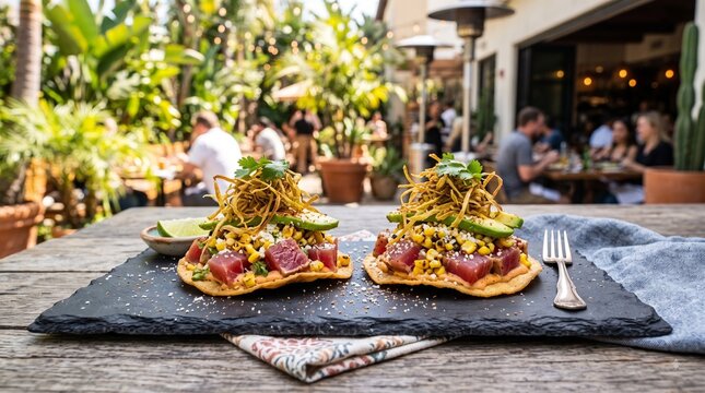 A rich pair of crispy corn tostadas topped with seared ahi tuna cubes on a dark slate board, Fresh red tuna tossed in chipotle mayo, topped with charred street corn esquites, avocado, and crispy leeks