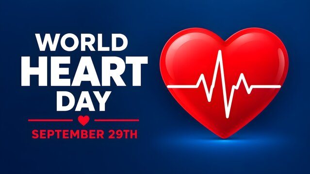 Emblem of World Heart Day with image of red heart on dark background. Medical sign on 29th of September. Vector illustration.