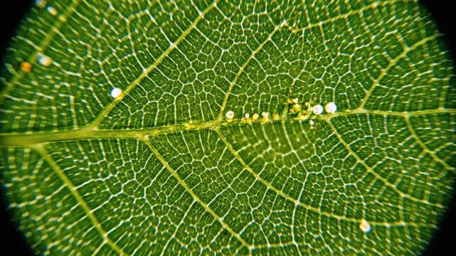 Microscopic close-up of a vibrant green leaf showing veins and cellular structure with light and shadow for science and nature