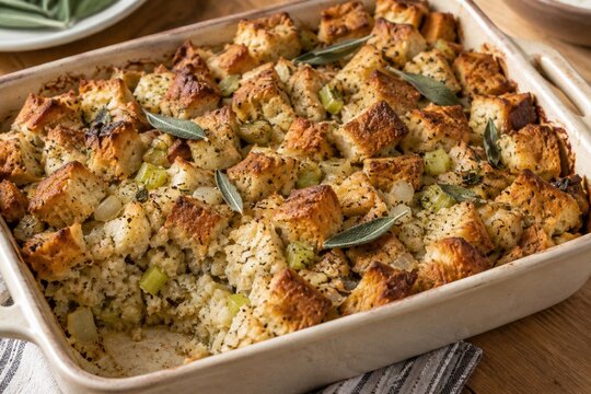 Baked bread stuffing in a casserole dish prepared with toasted cubes celery onions and fresh sage leaves for a traditional holiday meal