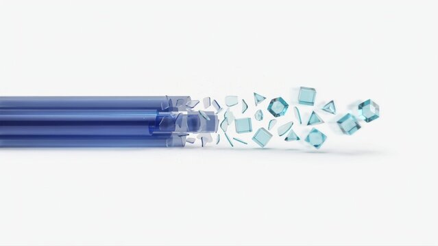 Blue glass rods shattering into geometric fragments on white