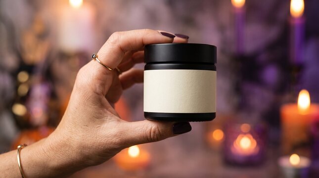 A hand holding a small, unlabelled jar with a black lid. The background is softly blurred, featuring warm, glowing candles and a hint of purple light