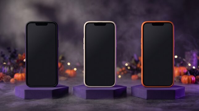 Three modern smartphones displayed on purple pedestals, set against a spooky Halloween-themed backdrop with pumpkins and festive lights