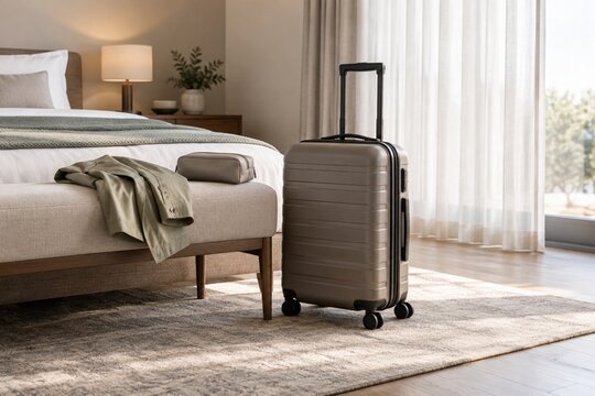 Modern grey hard shell rolling travel suitcase standing on a rug in a bright neutral bedroom next to a bed and bench with a folded shirt