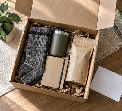 Open cardboard care package filled with cozy essentials including thick knitted socks an insulated travel mug a small notebook and a kraft paper pouch resting on a wooden table