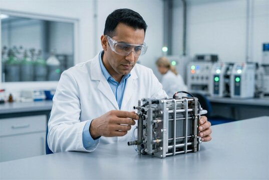 Middle Eastern male scientist inspecting hydrogen fuel cell module in clean laboratory
