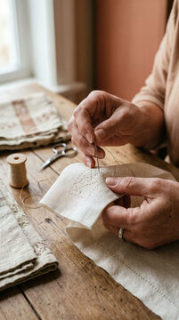 Person hand sewing a linen fabric with a needle and thread at a wooden table, handmade craft