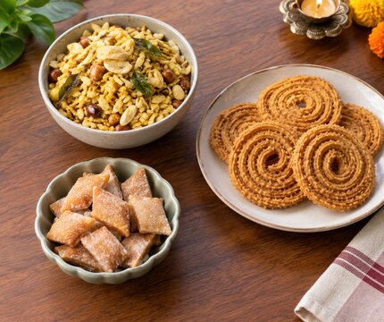 Traditional Indian festive snacks chivda and chakli served with sweet shankarpali in bowls on a wooden table for Diwali